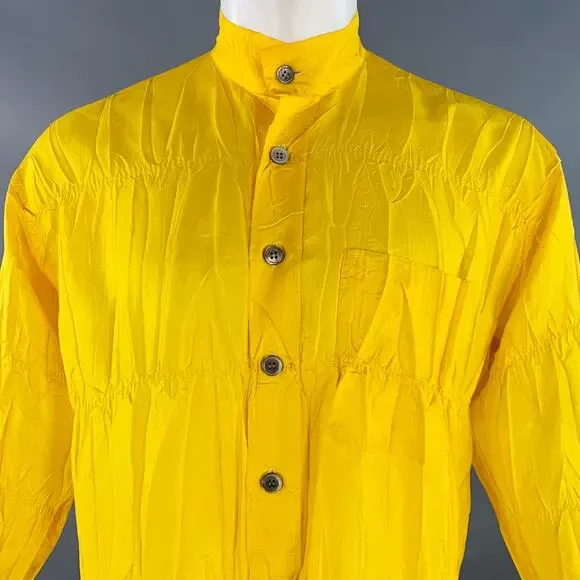 XS Yellow Wrinkled Polyester Nehru Collar Oversized Long Sleeve Shirt